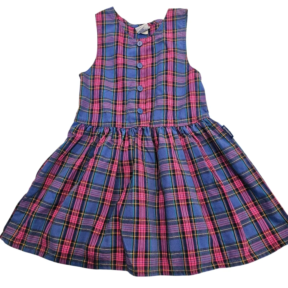90s Oshkosh Plaid Dress Blue Pink Sz 6 Cotton USA‎ Sleeveless Knee Length